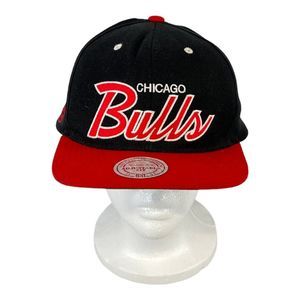 Mitchell & Ness Chicago Bulls Snapback Hat Cap Red Script Bill Side Patch Black